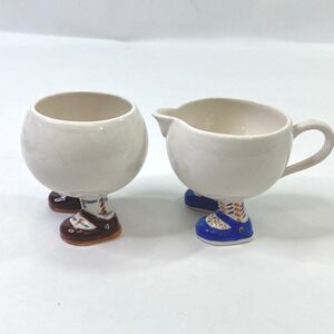 Carlton Ware Walking Ware Creamer Sugar Bowl England Blue Brown Shoes Vintage